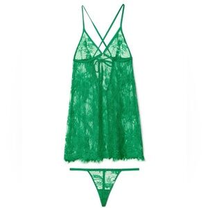 🍀 NWT - Adore Me - Green Lace Unlined Babydoll Lingerie Size Medium 🍀
